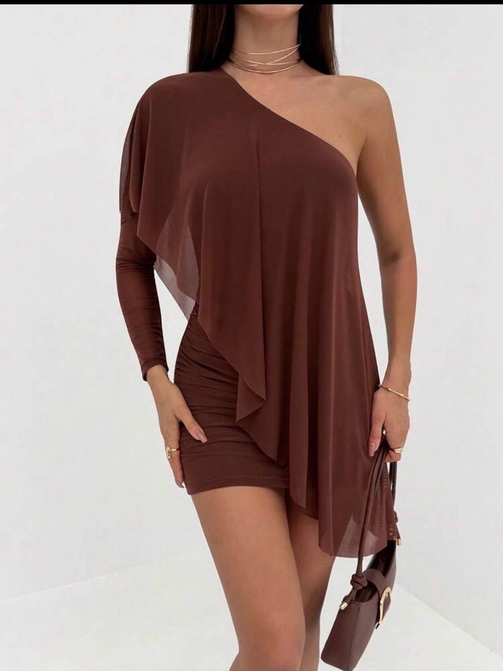 SHEIN One-Shoulder Chocolate Brown Draped Mini Dress